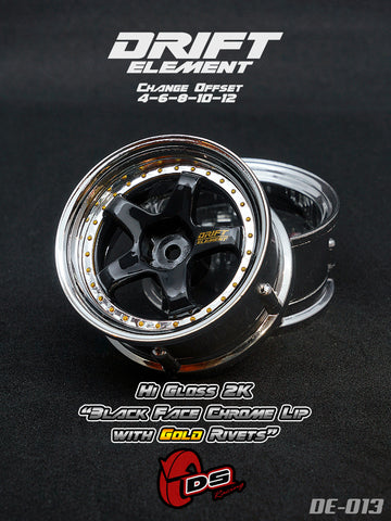 DS Racing DE-013 Wheels Drift Element Hi Gloss 2k (Black Face/Chrome Lip/Gold Rivets)