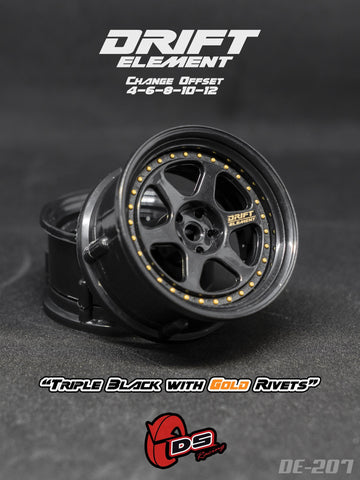 DS Racing DE-207 Wheels Drift Element II (Tri Black/Gold Rivets)